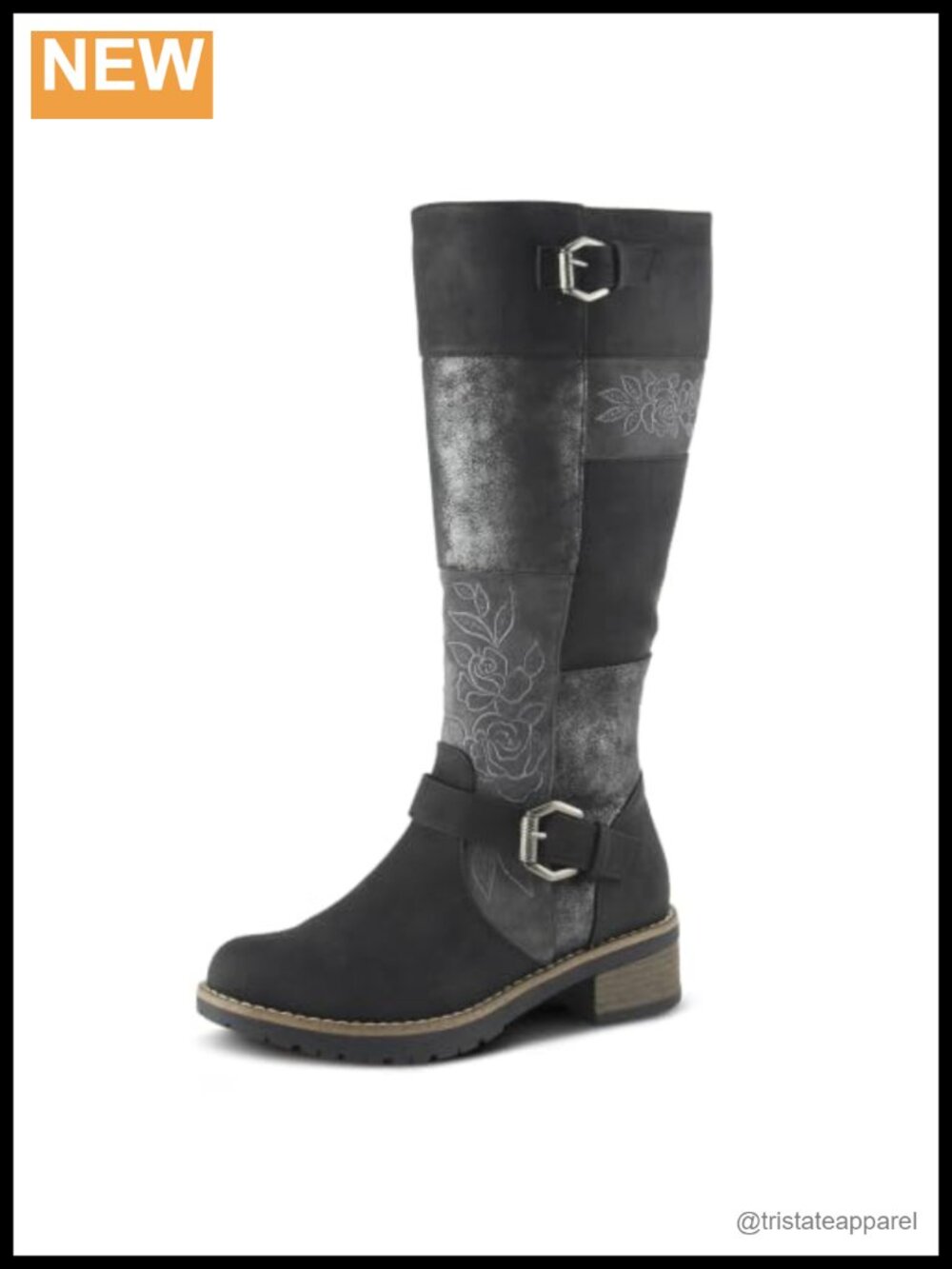 Vegan Leather Embroidered Floral Patchwork Knee High Boots with Zip Closure